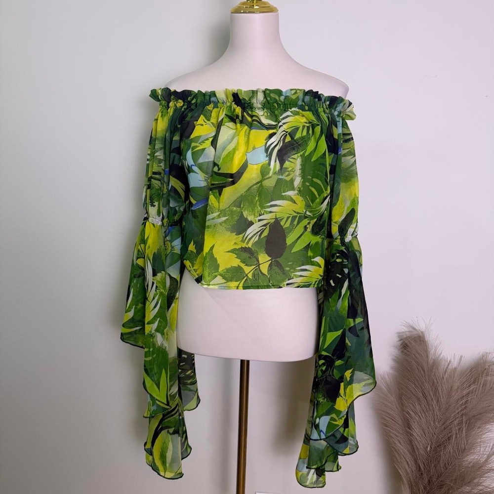 Live 4 Truth Tropical Floral Off-the-Shoulder Bell Sleeve Crop Top
 Size M